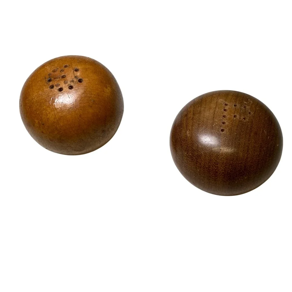 Vintage Hand Turned Wooden Ball Salt Pepper Shaker Set Round Globe Mid Century